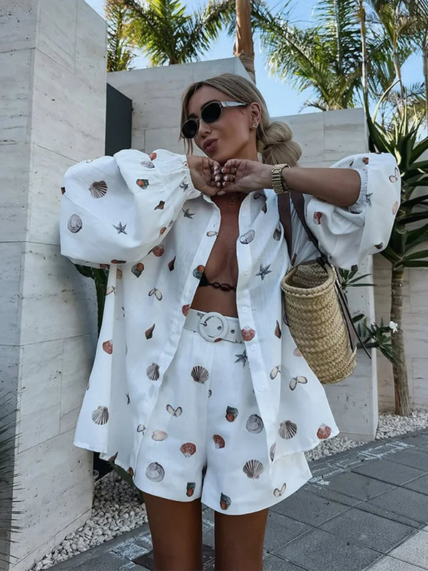 Shell Print Shorts Set Women Loose Lapel Lantern Sleeve Single Breasted Shirt Short Pant 2025 Summer Beach 2 Pieces Lady Outfit - Vogue Vista UK