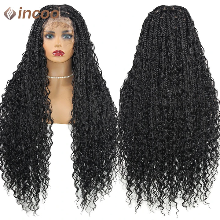 Boho Box Braided Wigs Curly Hair Synthetic Full Lace Front Wigs for Black Women Goddess Locs Braid Wig Bohemian Box Braid Wig - Vogue Vista UK