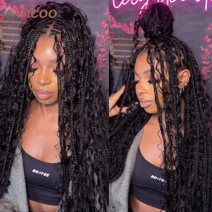 Boho Box Braided Wigs Curly Hair Synthetic Full Lace Front Wigs for Black Women Goddess Locs Braid Wig Bohemian Box Braid Wig - Vogue Vista UK