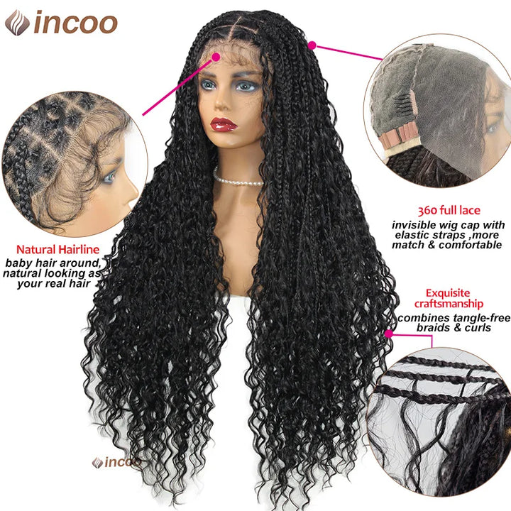 Boho Box Braided Wigs Curly Hair Synthetic Full Lace Front Wigs for Black Women Goddess Locs Braid Wig Bohemian Box Braid Wig - Vogue Vista UK