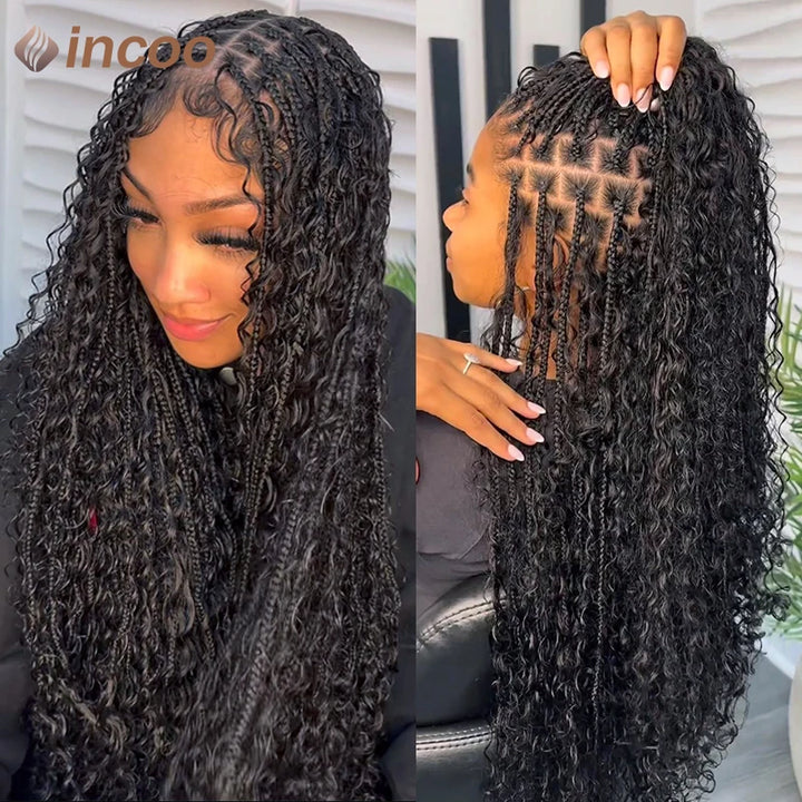 Boho Box Braided Wigs Curly Hair Synthetic Full Lace Front Wigs for Black Women Goddess Locs Braid Wig Bohemian Box Braid Wig - Vogue Vista UK