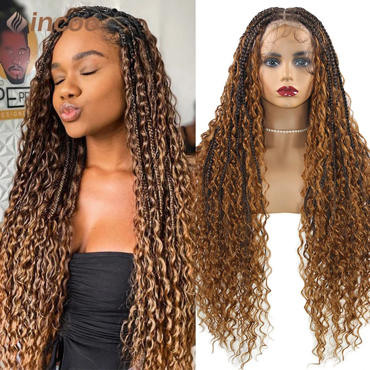 Boho Box Braided Wigs Curly Hair Synthetic Full Lace Front Wigs for Black Women Goddess Locs Braid Wig Bohemian Box Braid Wig - Vogue Vista UK