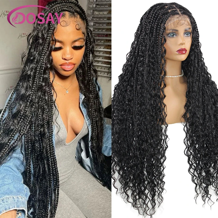 Boho Box Braided Wigs Curly Hair Synthetic Full Lace Front Wigs for Black Women Goddess Locs Braid Wig Bohemian Box Braid Wig - Vogue Vista UK