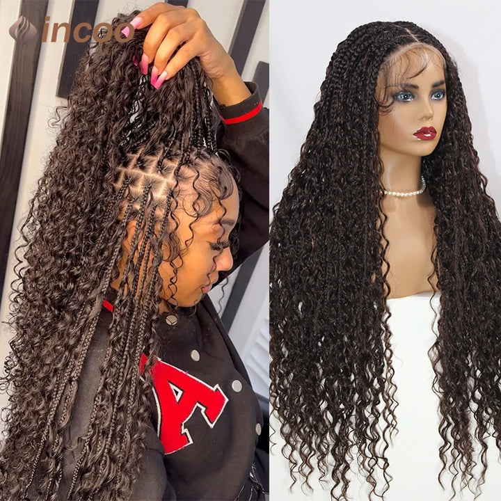 Boho Box Braided Wigs Curly Hair Synthetic Full Lace Front Wigs for Black Women Goddess Locs Braid Wig Bohemian Box Braid Wig - Vogue Vista UK
