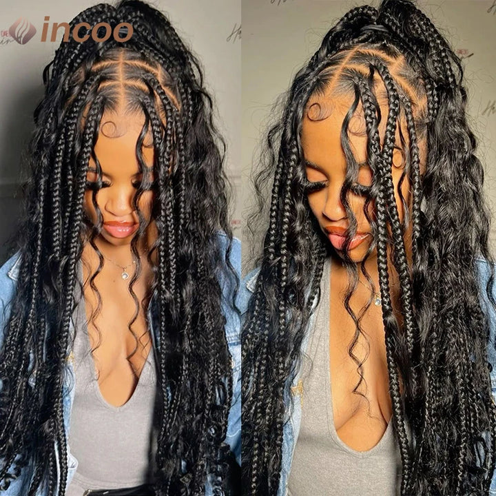 Boho Box Braided Wigs Curly Hair Synthetic Full Lace Front Wigs for Black Women Goddess Locs Braid Wig Bohemian Box Braid Wig - Vogue Vista UK