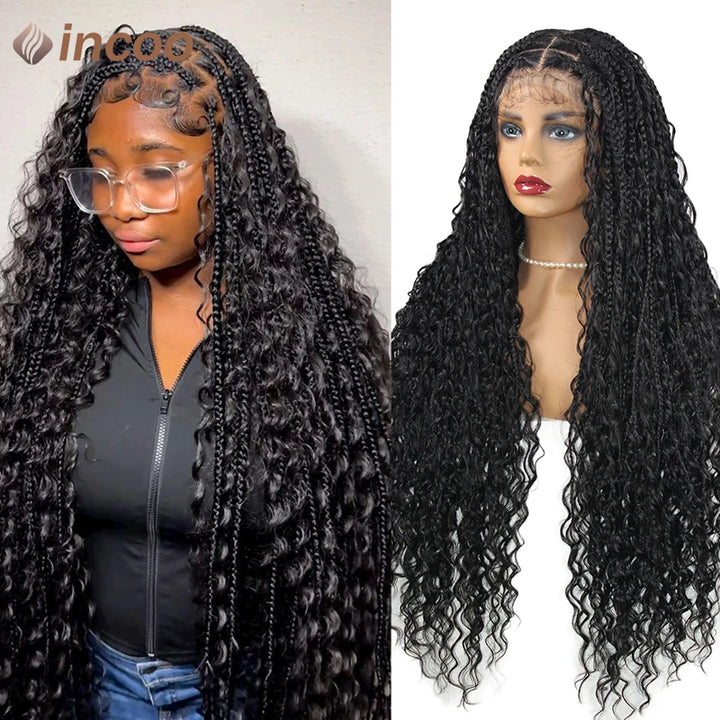Boho Box Braided Wigs Curly Hair Synthetic Full Lace Front Wigs for Black Women Goddess Locs Braid Wig Bohemian Box Braid Wig - Vogue Vista UK