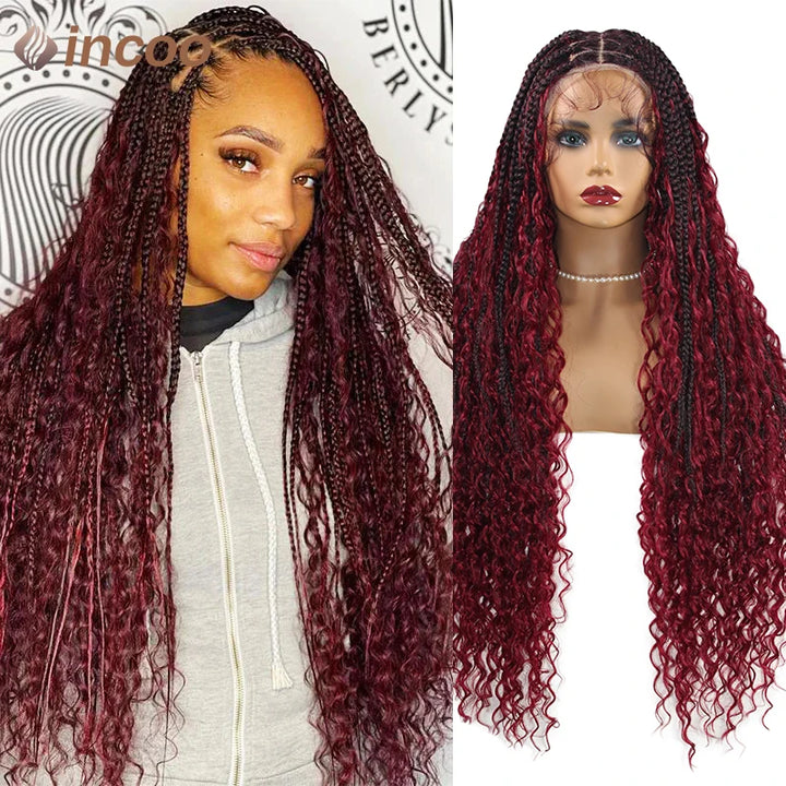 Boho Box Braided Wigs Curly Hair Synthetic Full Lace Front Wigs for Black Women Goddess Locs Braid Wig Bohemian Box Braid Wig - Vogue Vista UK