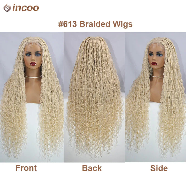 Boho Box Braided Wigs Curly Hair Synthetic Full Lace Front Wigs for Black Women Goddess Locs Braid Wig Bohemian Box Braid Wig - Vogue Vista UK