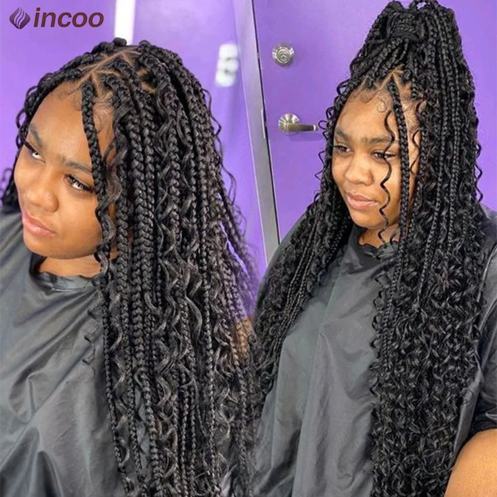 Boho Box Braided Wigs Curly Hair Synthetic Full Lace Front Wigs for Black Women Goddess Locs Braid Wig Bohemian Box Braid Wig - Vogue Vista UK