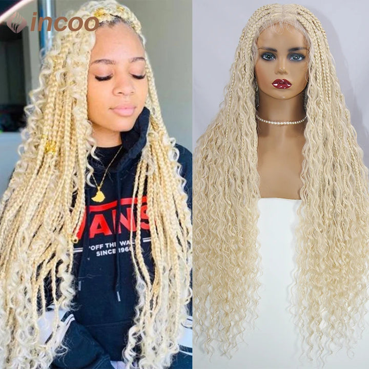 Boho Box Braided Wigs Curly Hair Synthetic Full Lace Front Wigs for Black Women Goddess Locs Braid Wig Bohemian Box Braid Wig - Vogue Vista UK