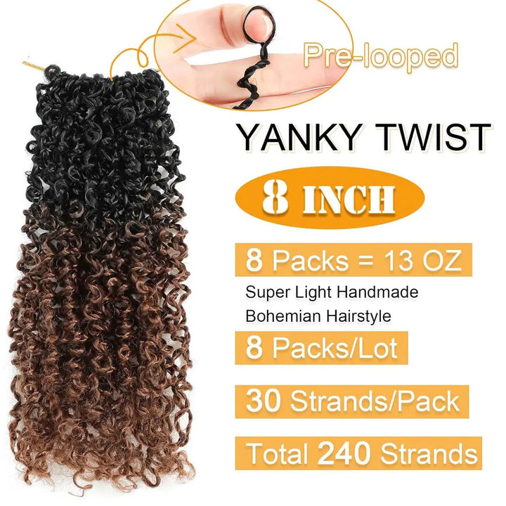 8"Yanky Twist Crochet Hair Pre-Looped Ombre Brown Synthetic Crochet Hair with Curly Ends Yank Twist Crochet Hair For Black Women - Vogue Vista UK
