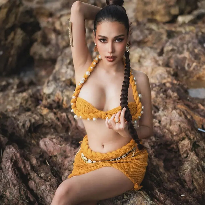 Sexy Beading Halter Bikini Mini Skirt Sets Women Backless Twist Crop Top High Waist Hip Package Skirts 2025 Spring Lady Outfit - Vogue Vista UK