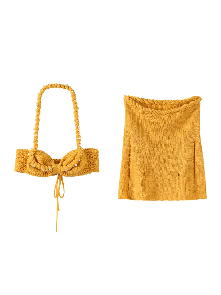Sexy Beading Halter Bikini Mini Skirt Sets Women Backless Twist Crop Top High Waist Hip Package Skirts 2025 Spring Lady Outfit - Vogue Vista UK