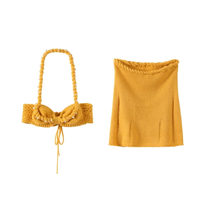 Sexy Beading Halter Bikini Mini Skirt Sets Women Backless Twist Crop Top High Waist Hip Package Skirts 2025 Spring Lady Outfit - Vogue Vista UK
