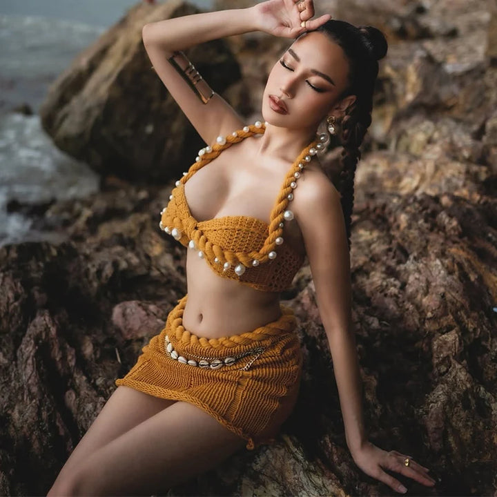 Sexy Beading Halter Bikini Mini Skirt Sets Women Backless Twist Crop Top High Waist Hip Package Skirts 2025 Spring Lady Outfit - Vogue Vista UK