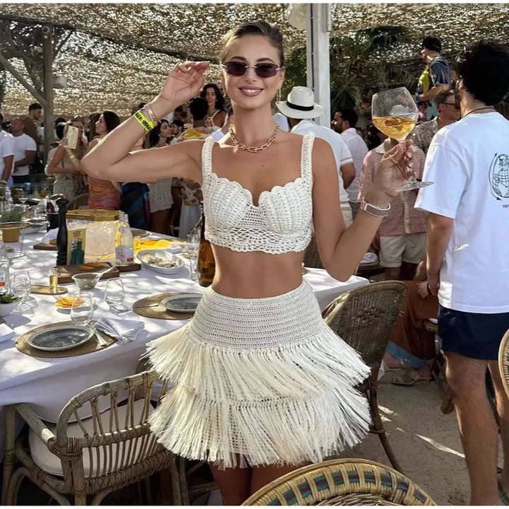 Sexy Beading Halter Bikini Mini Skirt Sets Women Backless Twist Crop Top High Waist Hip Package Skirts 2025 Spring Lady Outfit - Vogue Vista UK