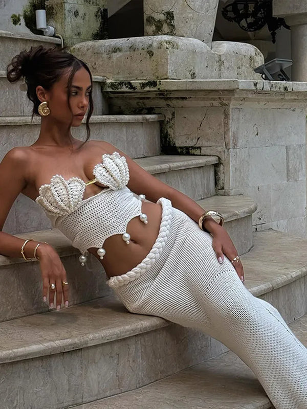 Crochet Knitted Pearl Bra Skirt Women Suit Backless Hollow Out Short Top Twists Long Skirt 2025 Summer Beach Holiday Female Set - Vogue Vista UK