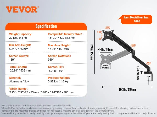 VEVOR Single/ Dual/ Triple Monitor Mount for Screens Gas Spring Monitor Arm Desk Mount with C-Clamp and Grommet Mounting Base - Vogue Vista UK