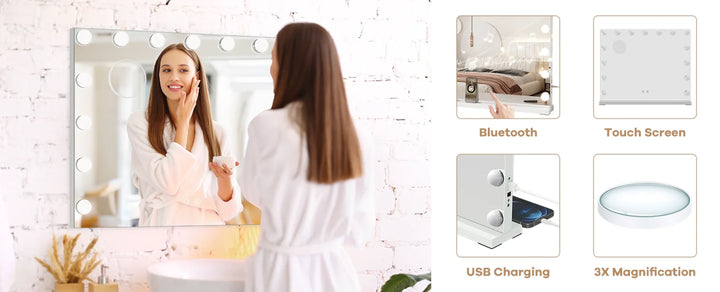 Bluetooth Hollywood Vanity Mirror with Lights, 58 × 45 cm Large LED Makeup Mirror with 15 Dimmable Bulbs, 3 Color Modes,USB Port - Vogue Vista UK
