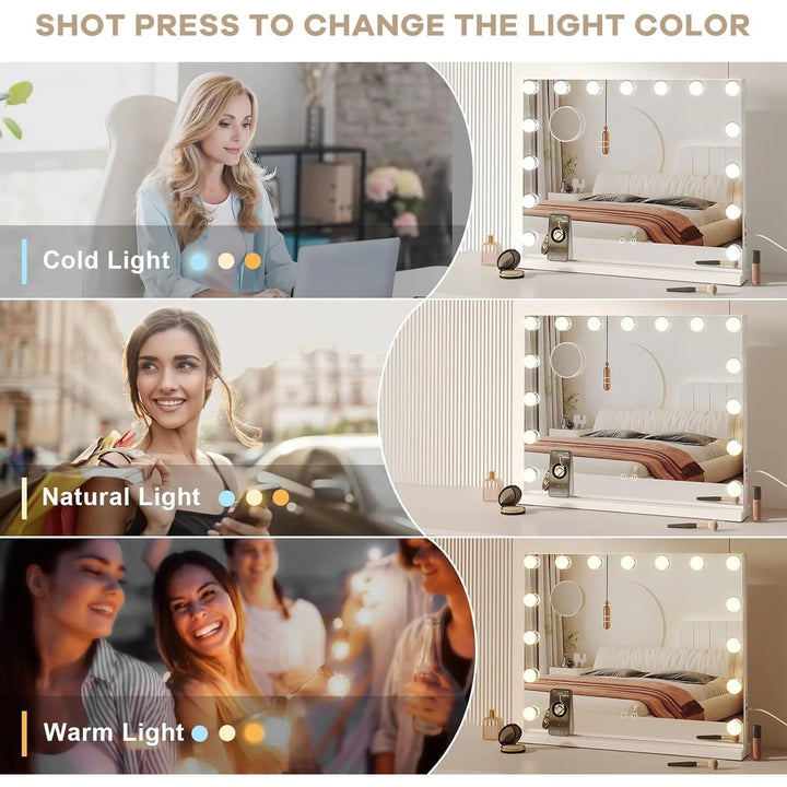 Bluetooth Hollywood Vanity Mirror with Lights, 58 × 45 cm Large LED Makeup Mirror with 15 Dimmable Bulbs, 3 Color Modes,USB Port - Vogue Vista UK