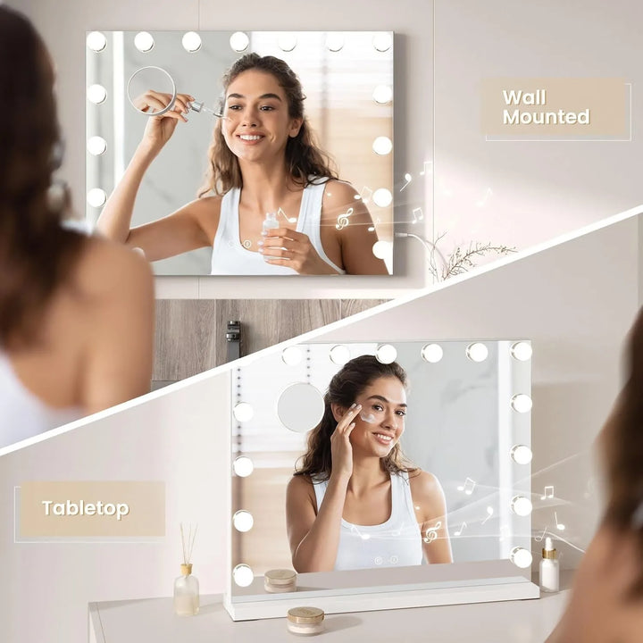Bluetooth Hollywood Vanity Mirror with Lights, 58 × 45 cm Large LED Makeup Mirror with 15 Dimmable Bulbs, 3 Color Modes,USB Port - Vogue Vista UK