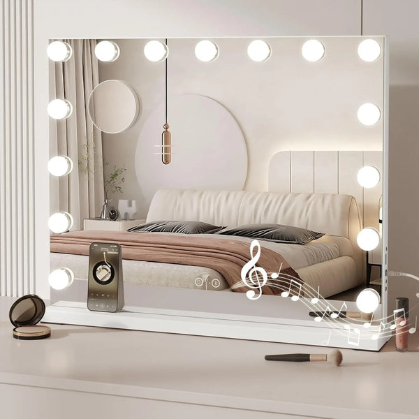 Bluetooth Hollywood Vanity Mirror with Lights, 58 × 45 cm Large LED Makeup Mirror with 15 Dimmable Bulbs, 3 Color Modes,USB Port - Vogue Vista UK