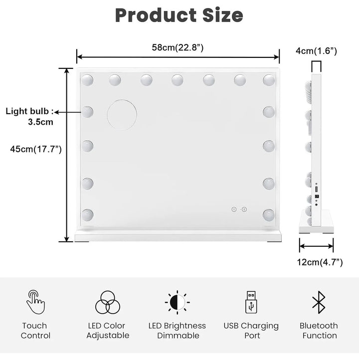 Bluetooth Hollywood Vanity Mirror with Lights, 58 × 45 cm Large LED Makeup Mirror with 15 Dimmable Bulbs, 3 Color Modes,USB Port - Vogue Vista UK