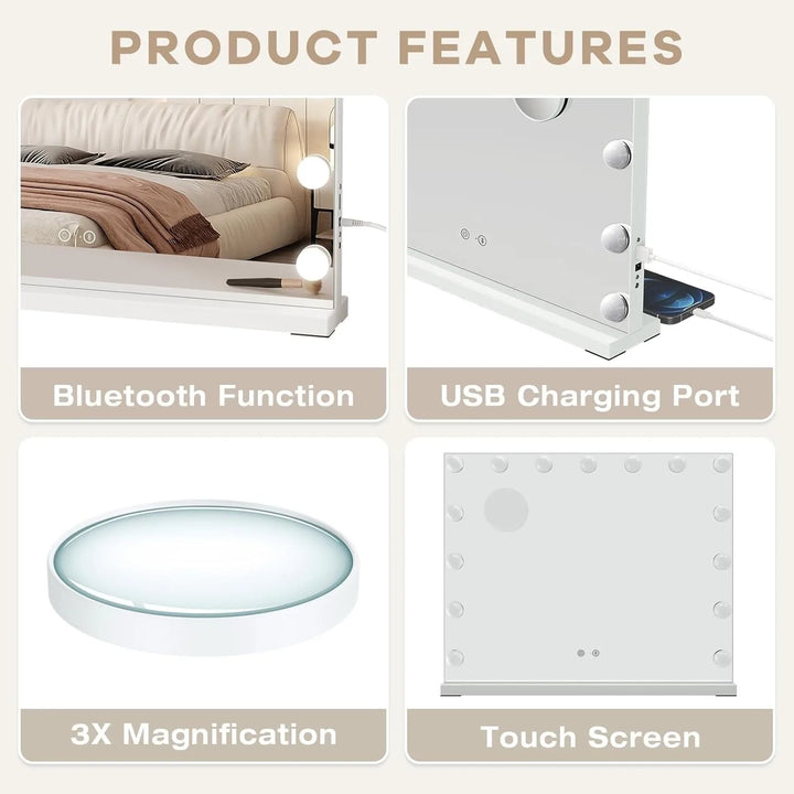 Bluetooth Hollywood Vanity Mirror with Lights, 58 × 45 cm Large LED Makeup Mirror with 15 Dimmable Bulbs, 3 Color Modes,USB Port - Vogue Vista UK