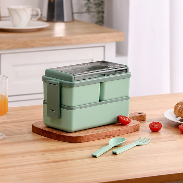 Dual-Layer Plastic Bento Lunch Box with Cutlery - Vogue Vista UK