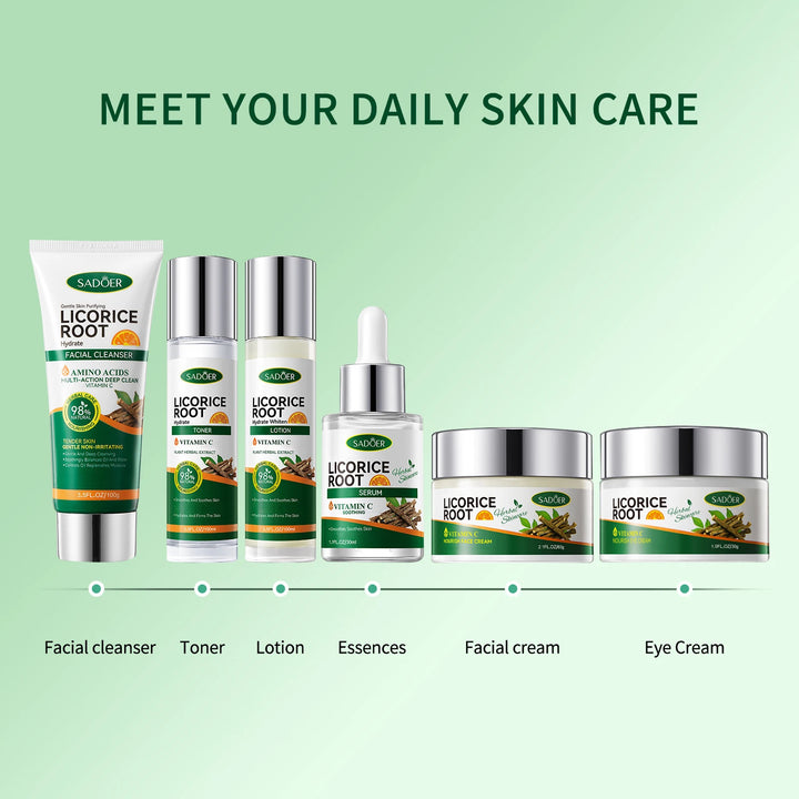 Licorice Root Skin Care Set contains Cleanser, Essence, Face Cream, Lotion,Toner, Eye Cream, Deep Hydration Skincare Gift Set - Vogue Vista UK