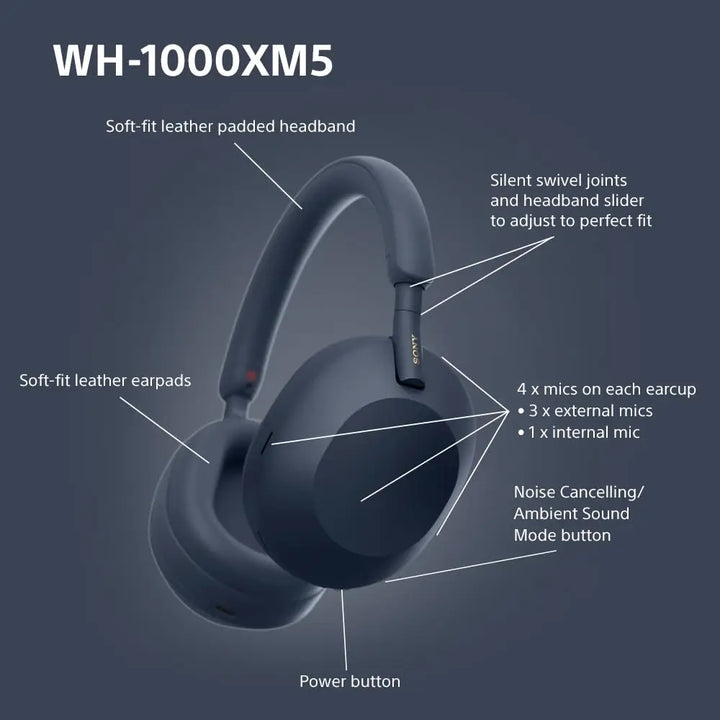 Sony WH-1000XM5 Noise Cancelling Wireless Over-Ear Headphones, Bluetooth, Clear Call Quality, Hi-Res, Up to 30hr Battery Life, Q - Vogue Vista UK