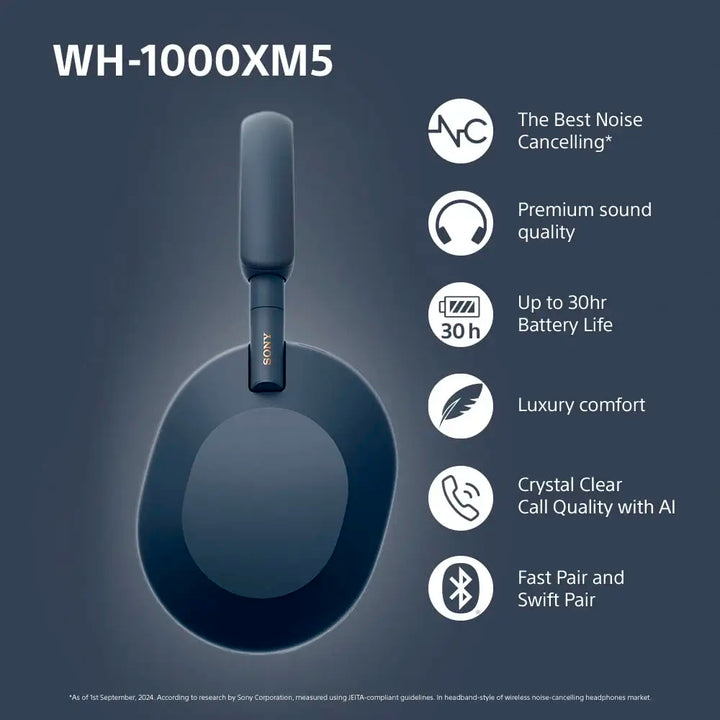 Sony WH-1000XM5 Noise Cancelling Wireless Over-Ear Headphones, Bluetooth, Clear Call Quality, Hi-Res, Up to 30hr Battery Life, Q - Vogue Vista UK