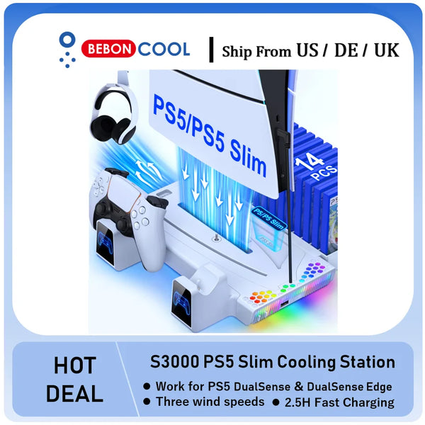 BEBONCOOL S3000 Cooling Vertical Stand For PlayStation 5 Slim DualSense Charger - Vogue Vista UK