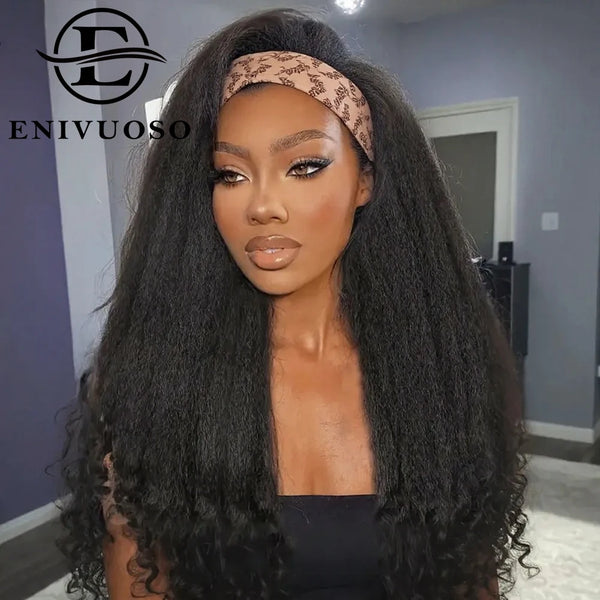 Afro Kinky Straight Headband Wigs For Black Women 22 Inch Natural Black Short Afro Yaki Straight Wigs With Headband Bouncy Curly - Vogue Vista UK