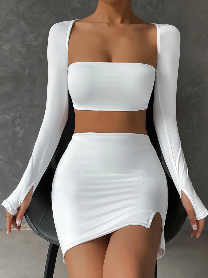 Fairyshely 2 PCS Sexy White Mini Dress Set 2025 Long Sleeve Top Summer Skirts Suits Bodycon Women Party Short Split Dress Suit - Vogue Vista UK