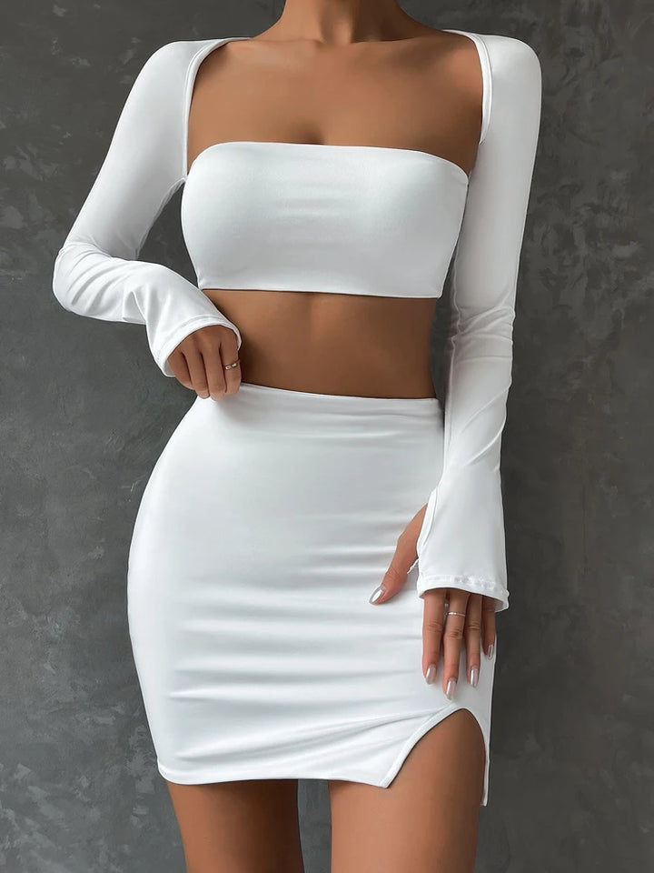 Fairyshely 2 PCS Sexy White Mini Dress Set 2025 Long Sleeve Top Summer Skirts Suits Bodycon Women Party Short Split Dress Suit - Vogue Vista UK