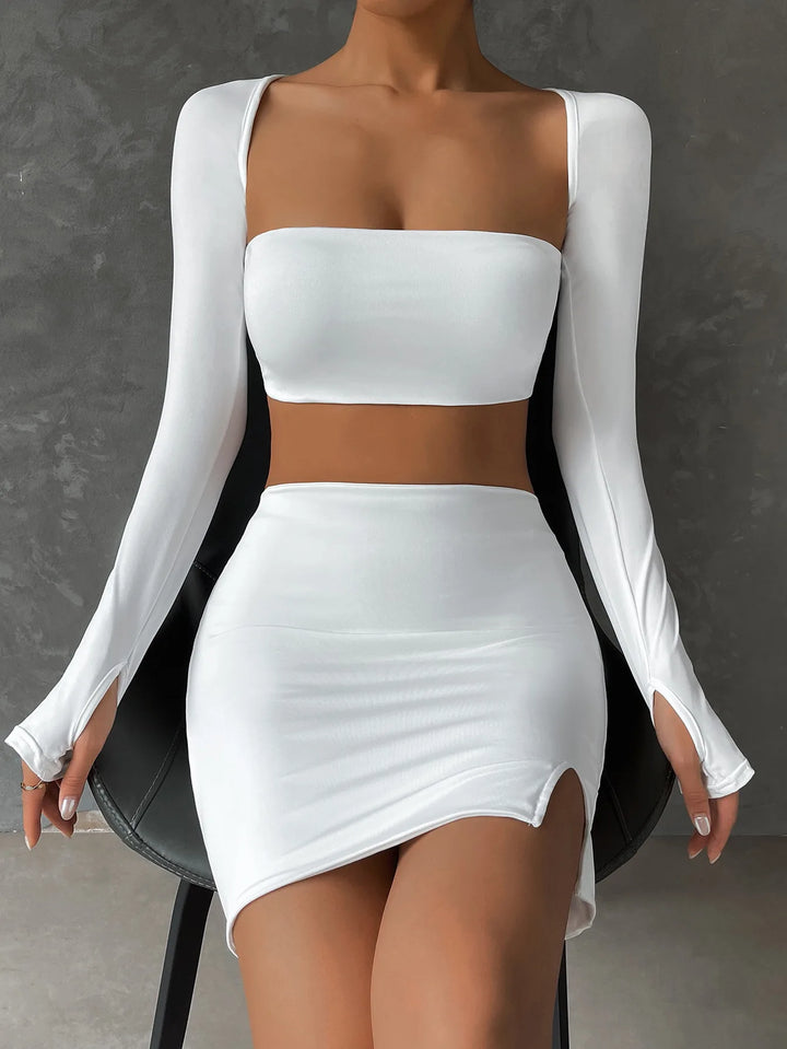 Fairyshely 2 PCS Sexy White Mini Dress Set 2025 Long Sleeve Top Summer Skirts Suits Bodycon Women Party Short Split Dress Suit - Vogue Vista UK