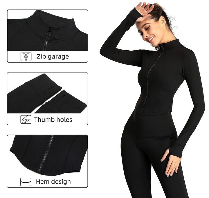 Womens Tracksuit Jacket Slim Fit Long Sleeved Fitness Coat Yoga Crop Tops With Thumb Holes Gym Jacket Workout Sweatshirts Baki - Vogue Vista UK