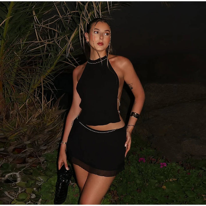 Vacation Beading Mini Skirt Sets For Women Y2K Sexy Backless Cropped Halter Vest Hip Package Short Skirts Beach 2 Pieces Outfits - Vogue Vista UK
