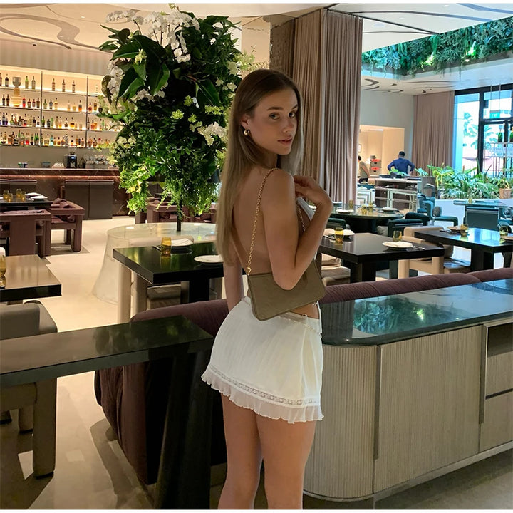 Vacation Beading Mini Skirt Sets For Women Y2K Sexy Backless Cropped Halter Vest Hip Package Short Skirts Beach 2 Pieces Outfits - Vogue Vista UK