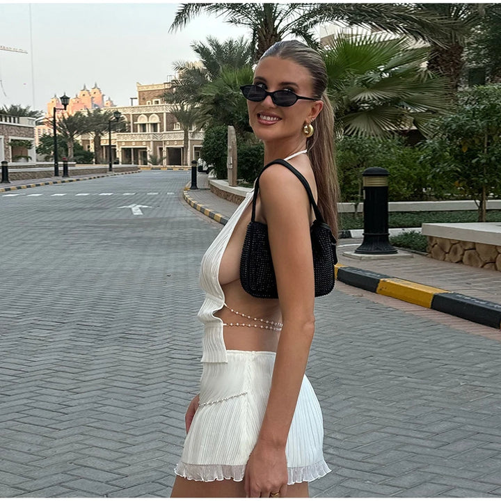 Vacation Beading Mini Skirt Sets For Women Y2K Sexy Backless Cropped Halter Vest Hip Package Short Skirts Beach 2 Pieces Outfits - Vogue Vista UK