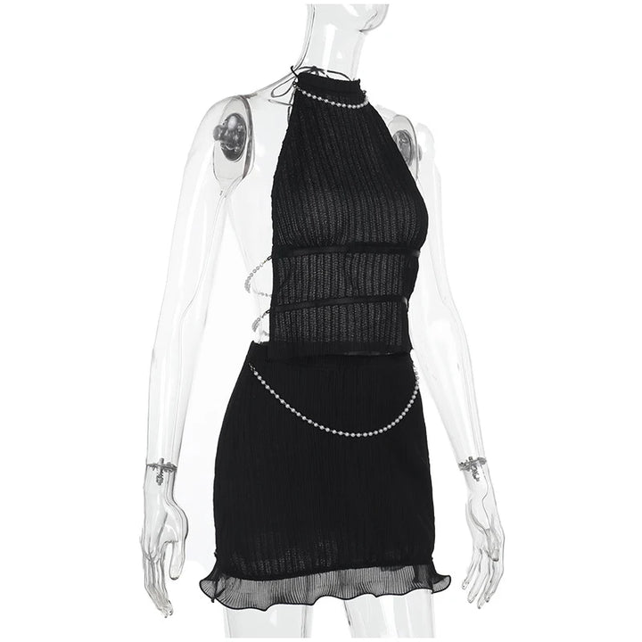Vacation Beading Mini Skirt Sets For Women Y2K Sexy Backless Cropped Halter Vest Hip Package Short Skirts Beach 2 Pieces Outfits - Vogue Vista UK