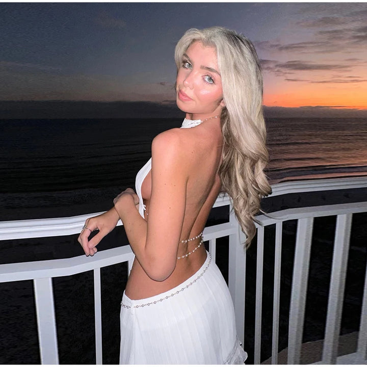 Vacation Beading Mini Skirt Sets For Women Y2K Sexy Backless Cropped Halter Vest Hip Package Short Skirts Beach 2 Pieces Outfits - Vogue Vista UK