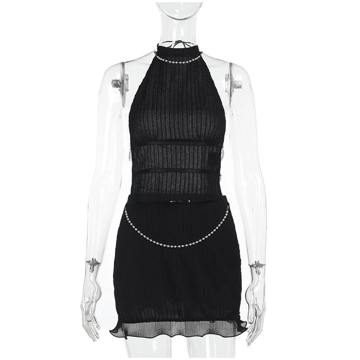 Vacation Beading Mini Skirt Sets For Women Y2K Sexy Backless Cropped Halter Vest Hip Package Short Skirts Beach 2 Pieces Outfits - Vogue Vista UK