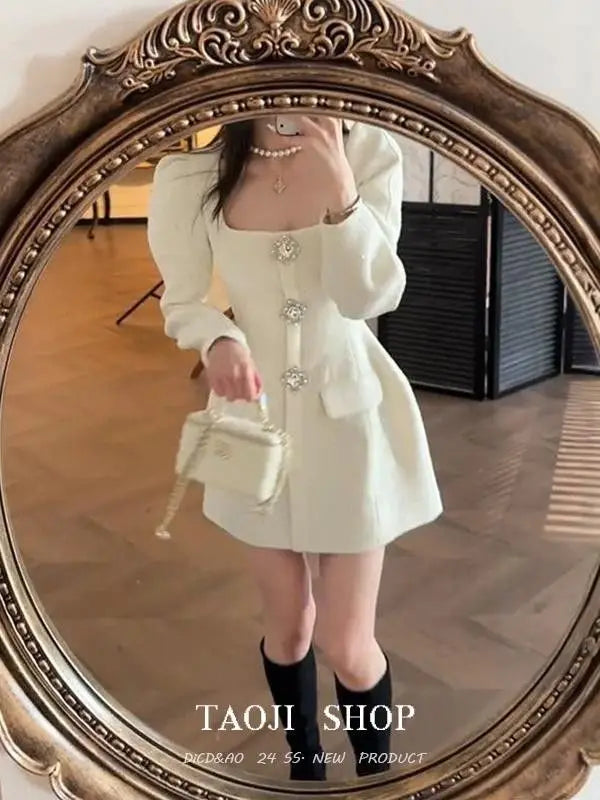 French Socialite High end Bubble Sleeve White Dress for Women Spring New Elegant Luxury Waist Cinching Slimming Mini Dresses - Vogue Vista UK