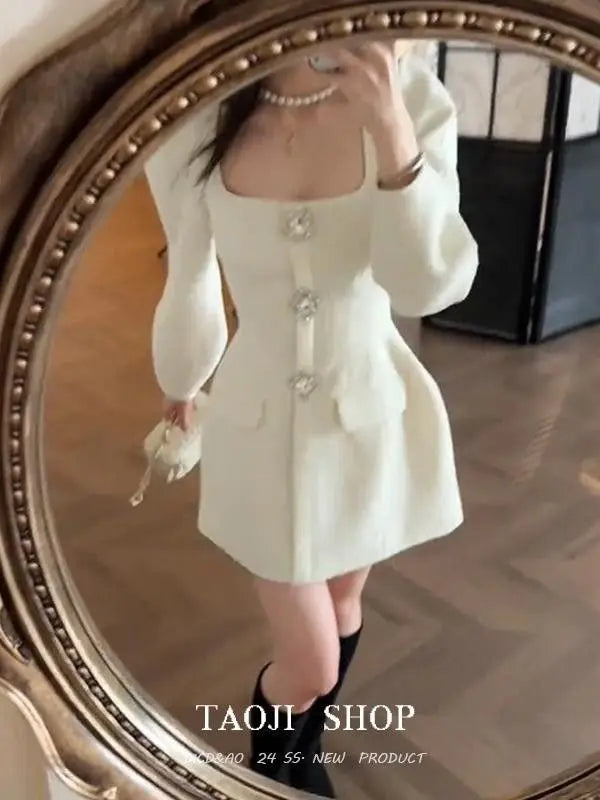 French Socialite High end Bubble Sleeve White Dress for Women Spring New Elegant Luxury Waist Cinching Slimming Mini Dresses - Vogue Vista UK