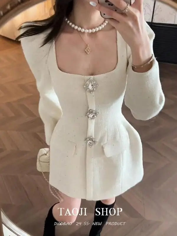French Socialite High end Bubble Sleeve White Dress for Women Spring New Elegant Luxury Waist Cinching Slimming Mini Dresses - Vogue Vista UK