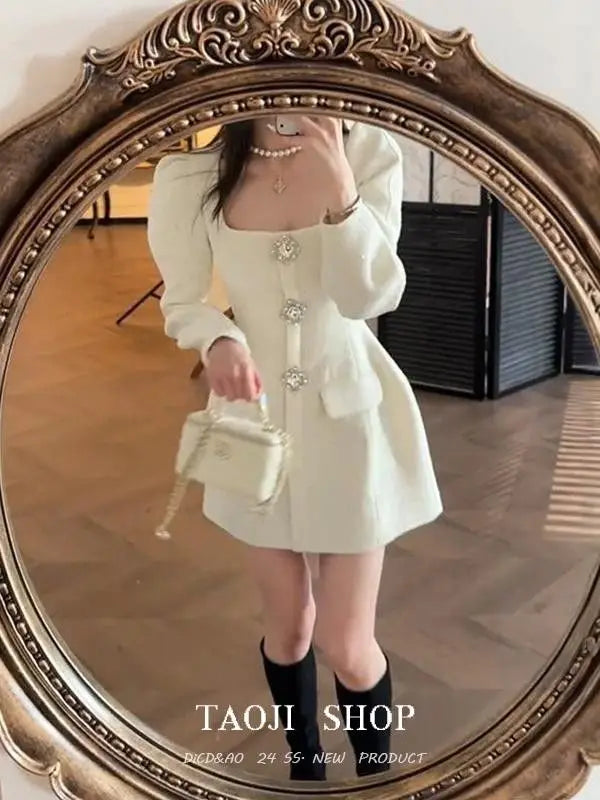French Socialite High end Bubble Sleeve White Dress for Women Spring New Elegant Luxury Waist Cinching Slimming Mini Dresses - Vogue Vista UK