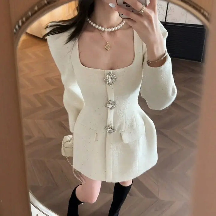 French Socialite High end Bubble Sleeve White Dress for Women Spring New Elegant Luxury Waist Cinching Slimming Mini Dresses - Vogue Vista UK