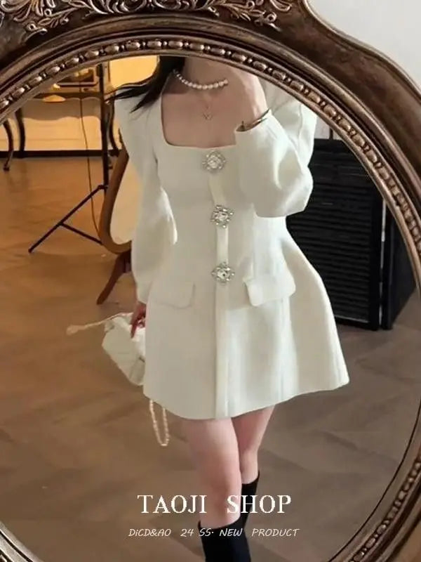 French Socialite High end Bubble Sleeve White Dress for Women Spring New Elegant Luxury Waist Cinching Slimming Mini Dresses - Vogue Vista UK
